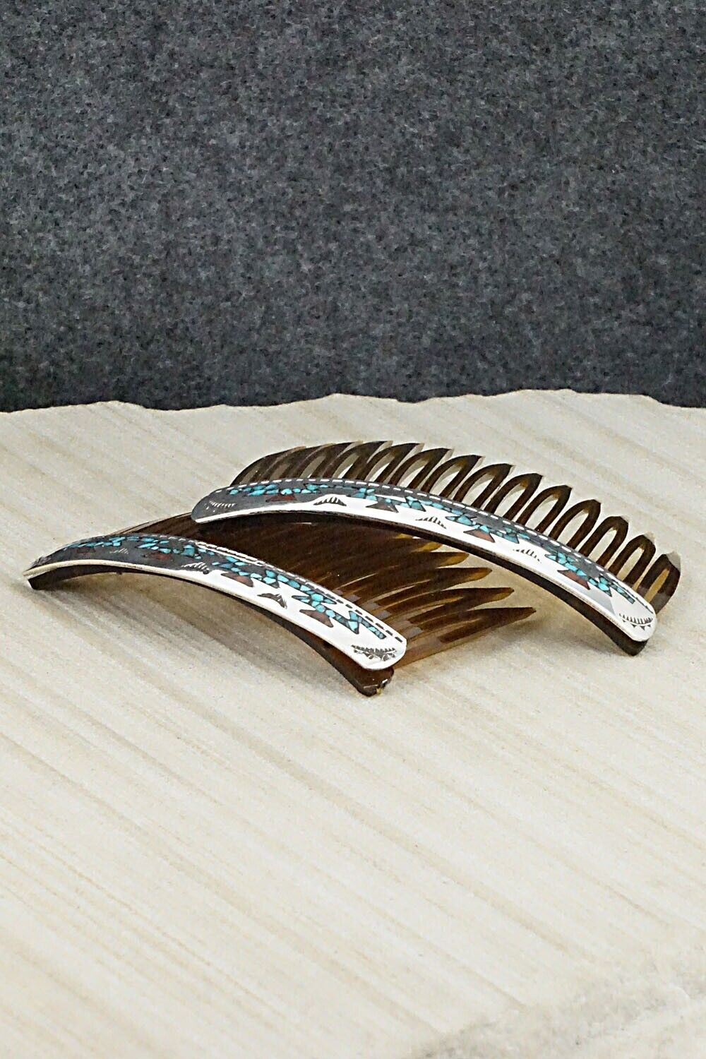 Turquoise, Coral Chip Inlay & Sterling Silver Hair Combs - Joleen Yazzie