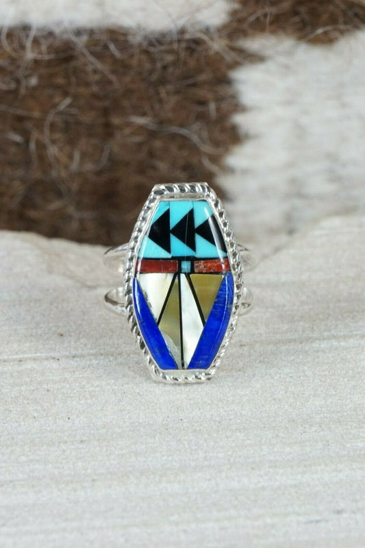 Zuni Inlay Multi- Stone and Sterling Silver Ring - Ola Eriacho - Size 6.75 - High Lonesome Trading