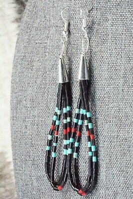 Turquoise, Coral, Jet & Sterling Silver Earrings - Esquipula Tenorio