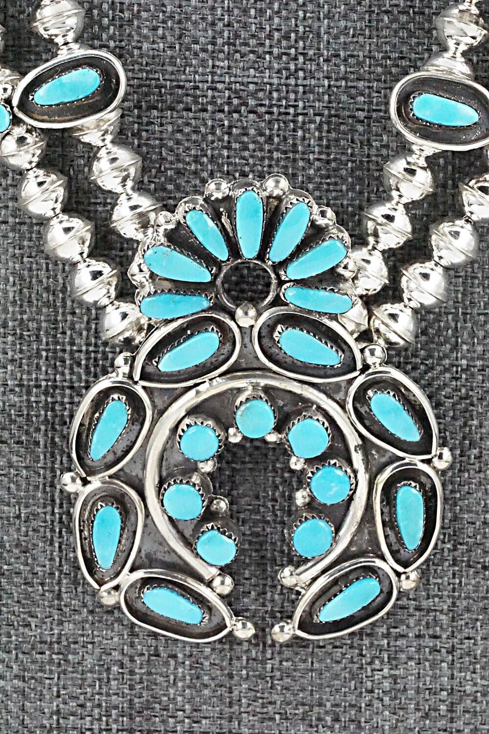 Turquoise & Sterling Silver Squash Blossom and Earrings - Vie Bobelu