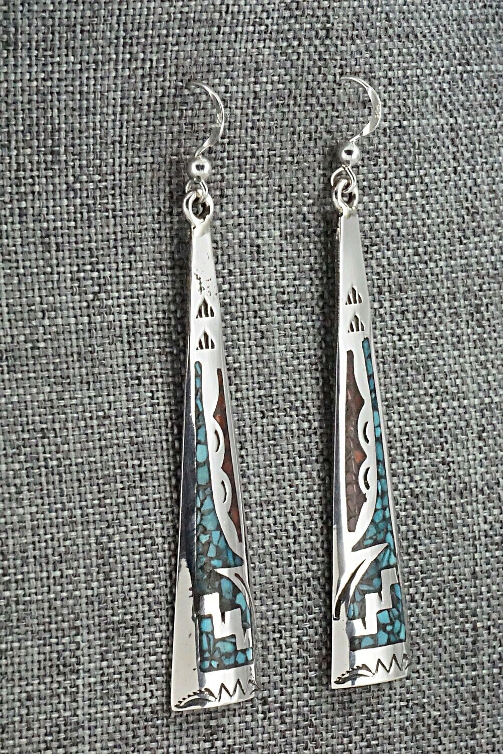 Turquoise, Coral & Sterling Silver Earrings - Jolene Yazzie