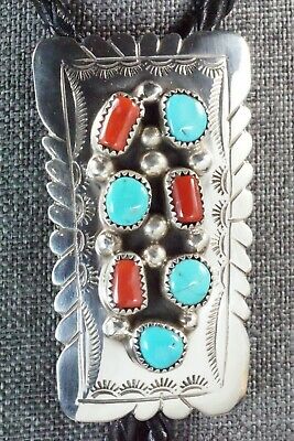 Turquoise, Coral & Sterling Silver Bolo Tie - Wilbert Muskett Sr.