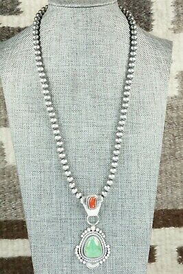 Turquoise, Coral Pendant & Sterling Silver Necklace - Tom Lewis