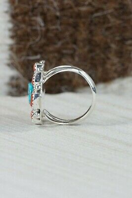 Navajo Turquoise, Coral & Sterling Silver Ring - Roberta Begay - Size 6.25