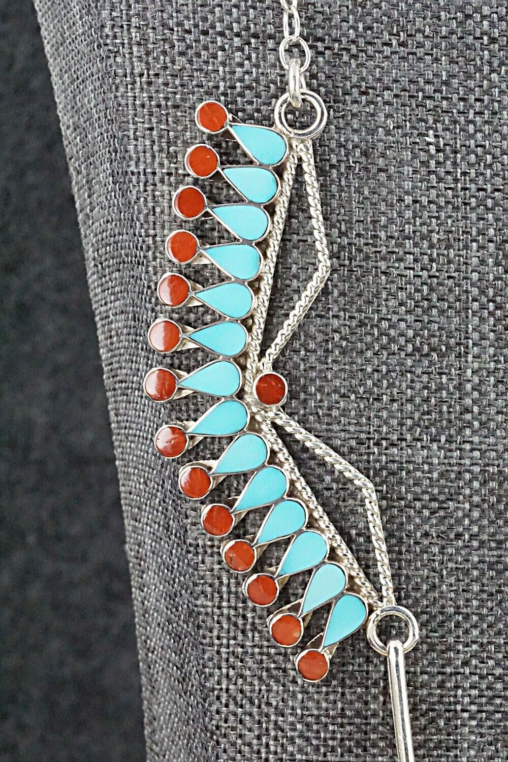 Turquoise, Coral & Sterling Silver Necklace - Fadrian Bowannie