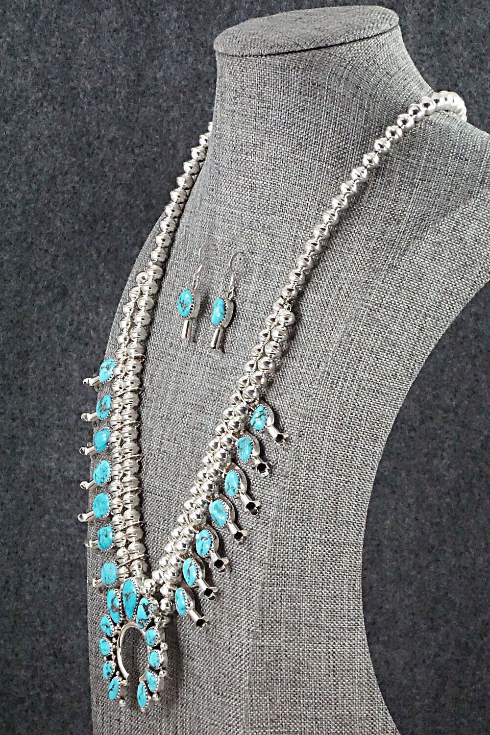 Turquoise & Sterling Silver Squash Blossom and Earrings Set - Calfreda Roanhorse