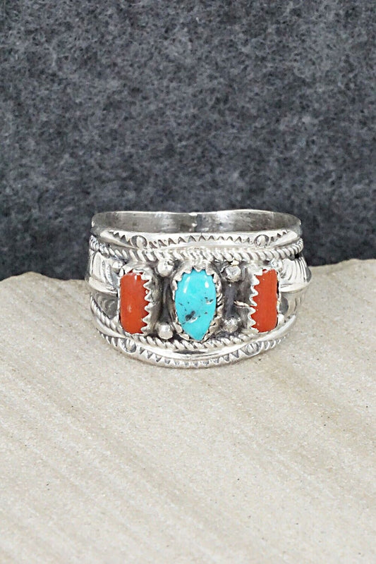 Turquoise, Coral and Sterling Silver Ring - Betty Begay - Size 10.5