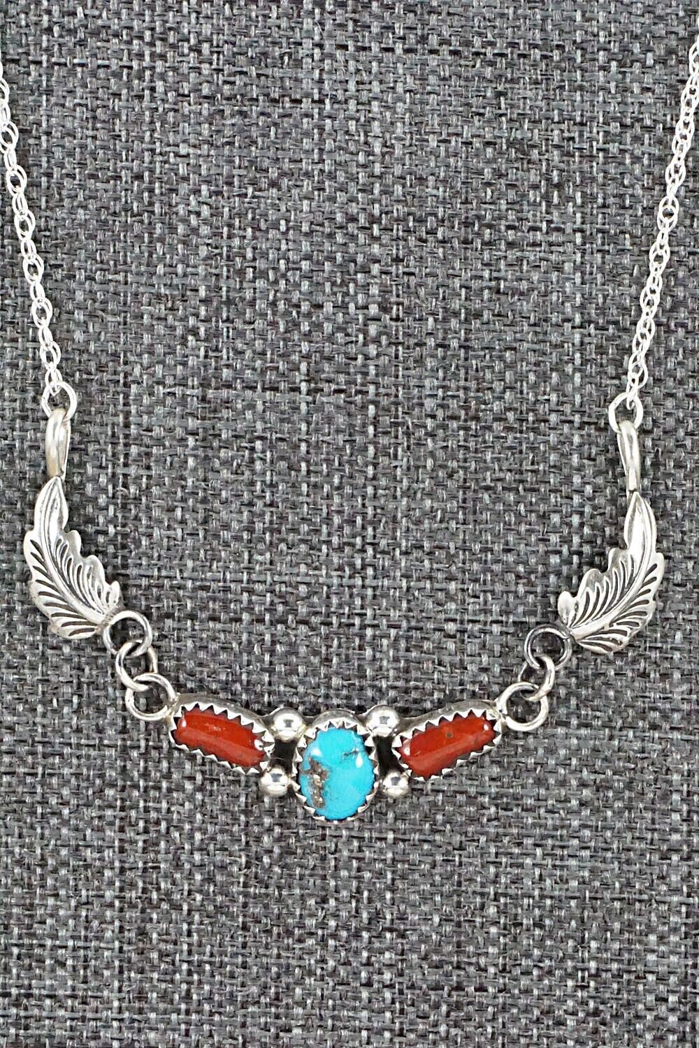 Turquoise, Coral & Sterling Silver Necklace - Verley Betone