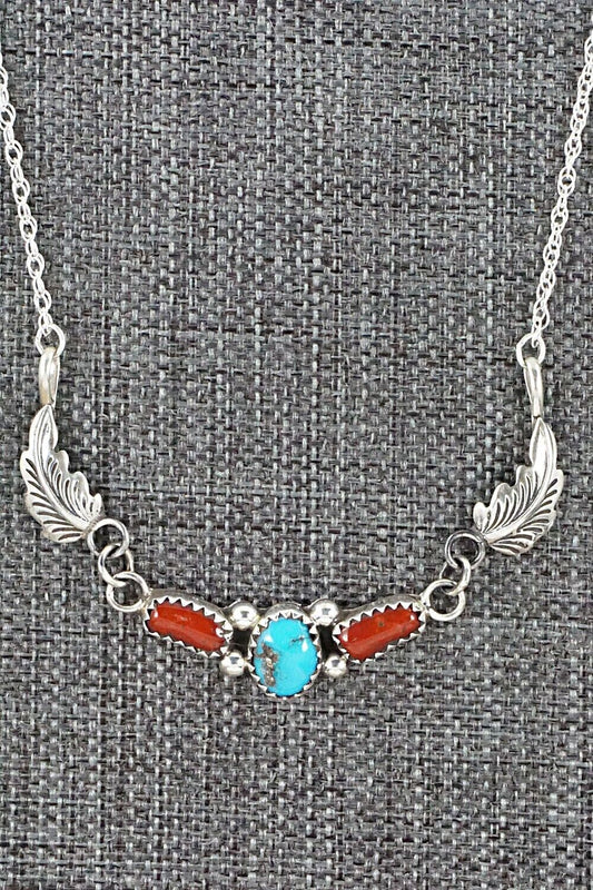 Turquoise, Coral & Sterling Silver Necklace - Verley Betone
