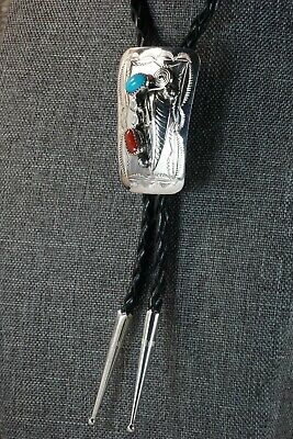 Navajo Turquoise, Coral & Sterling Silver Bolo Tie - Wilbur Myers