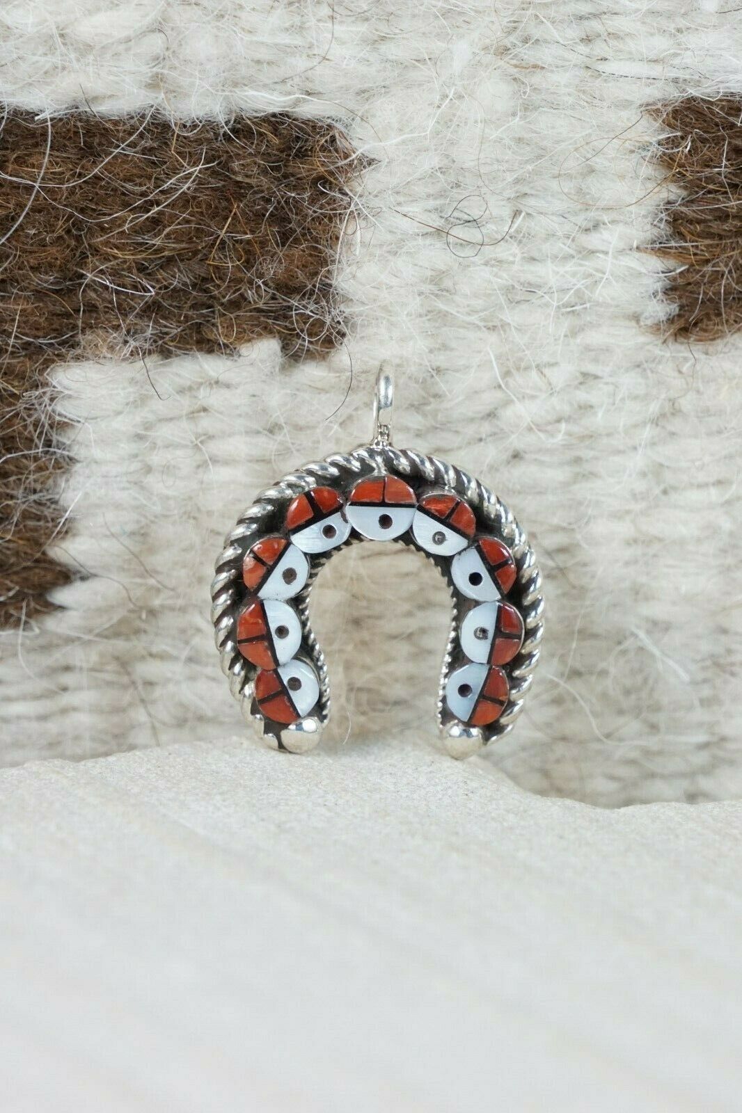 Zuni Coral & Mother of Pearl Sterling Silver Sunface Pendant - Janice Lalio - High Lonesome Trading