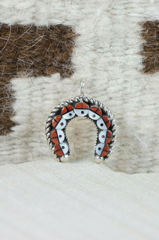 Zuni Coral & Mother of Pearl Sterling Silver Sunface Pendant - Janice Lalio - High Lonesome Trading