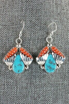 Zuni Turquoise, Coral & Sterling Silver Earrings - Lyolita Tsattie