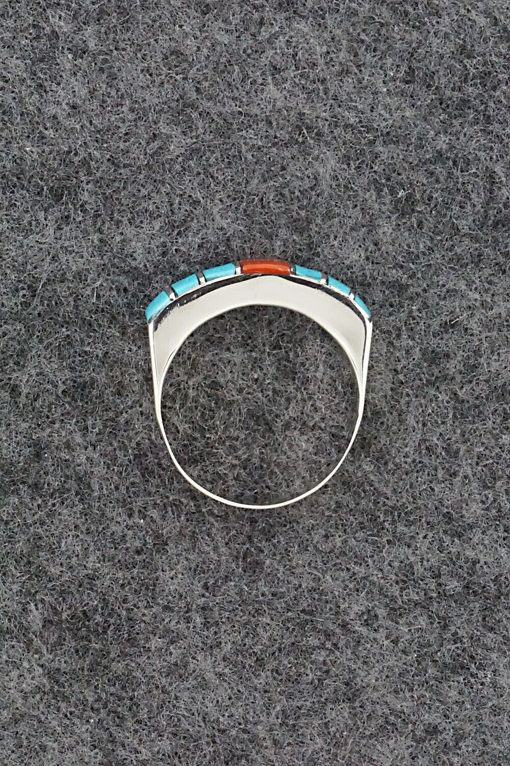 Turquoise, Coral & Sterling Silver Inlay Ring - Verna Kanesta - Size 8