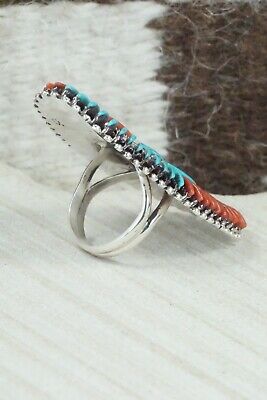 Turquoise, Coral and Sterling Silver Ring - Edmund Cooeyate - Size 7.5