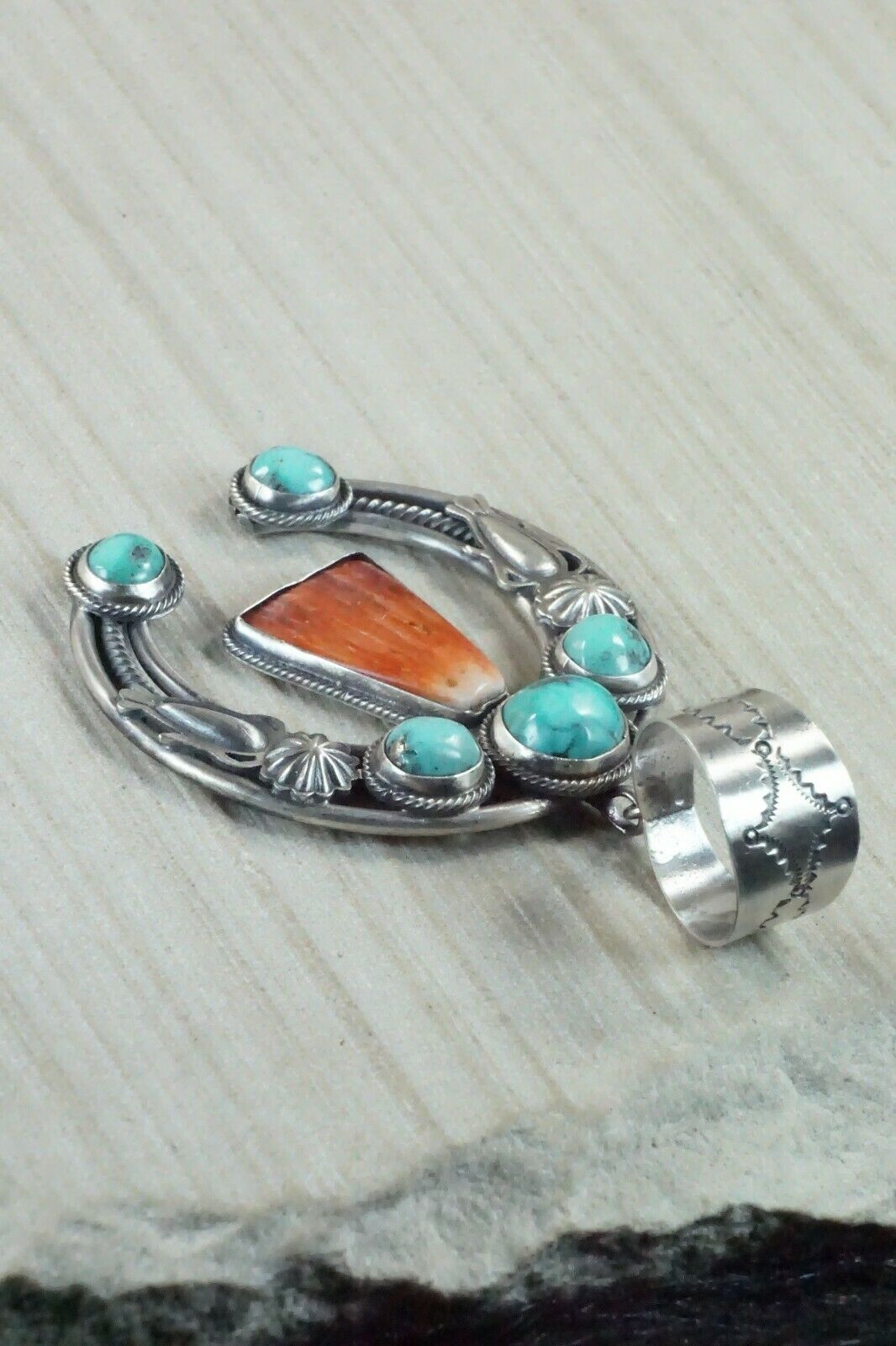 Turquoise, Spiny Oyster & Sterling Silver Naja Pendant - Raymond Delgarito