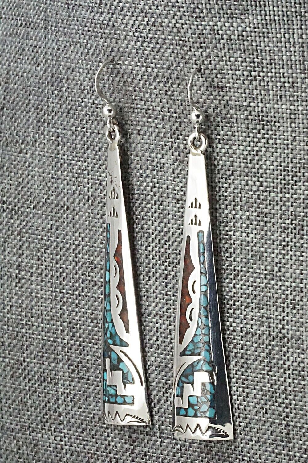Turquoise, Coral & Sterling Silver Earrings - Jolene Yazzie