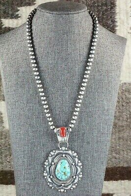Turquoise, Coral Pendant & Sterling Silver Necklace - Tom Lewis