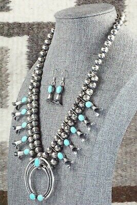 Turquoise & Sterling Silver Squash Blossom and Earrings - Leon Kirlie