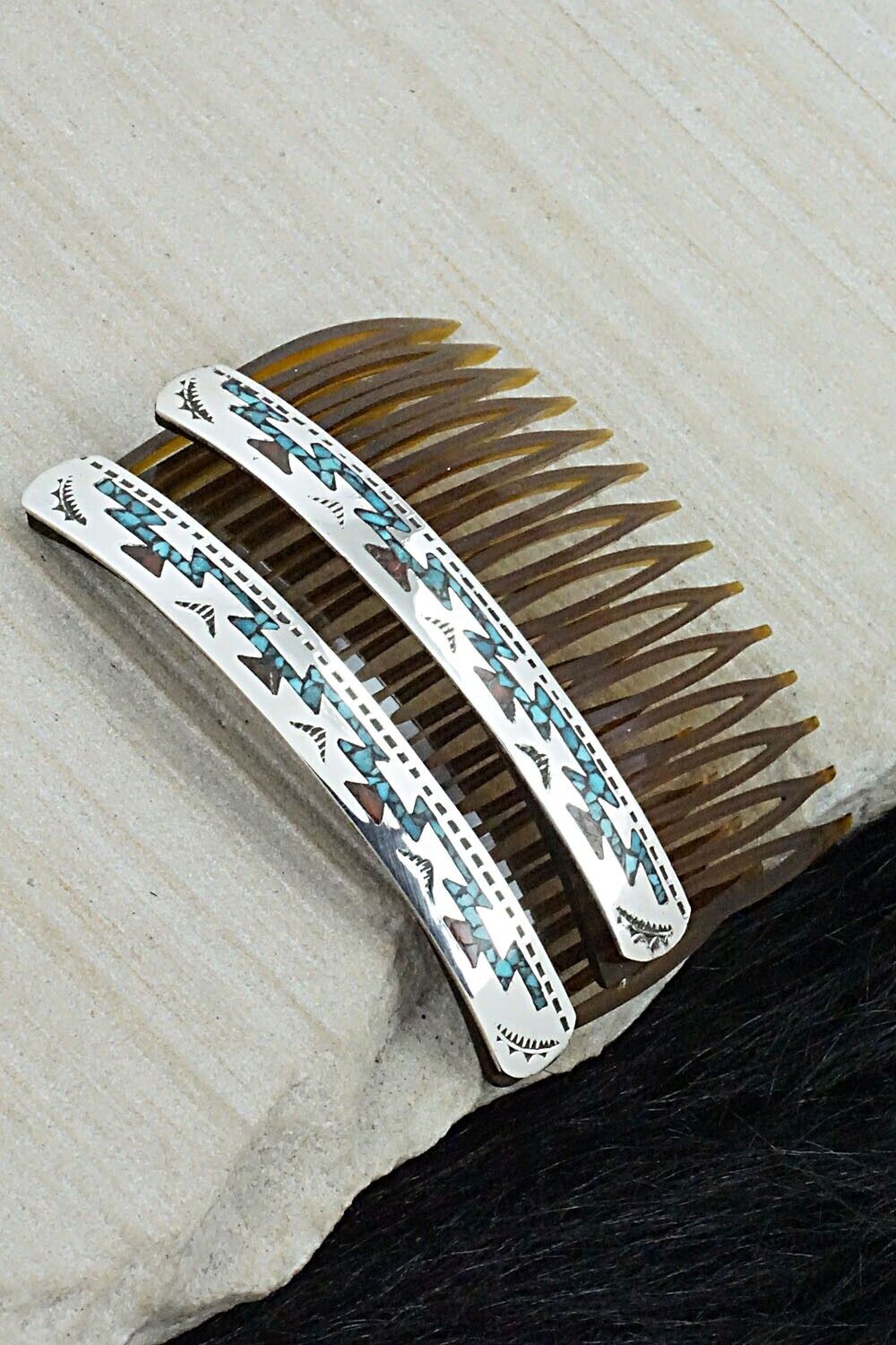 Turquoise, Coral Chip Inlay & Sterling Silver Hair Combs - Joleen Yazzie