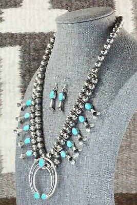 Turquoise & Sterling Silver Squash Blossom and Earrings - Leon Kirlie