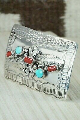 Turquoise, Coral & Sterling Silver Belt Buckle - Wilbur Myers
