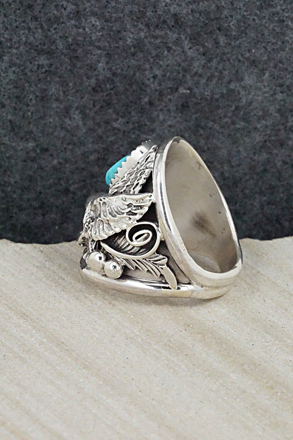 Turquoise, Coral & Sterling Silver Ring - Jeannette Saunders - Size 9.5