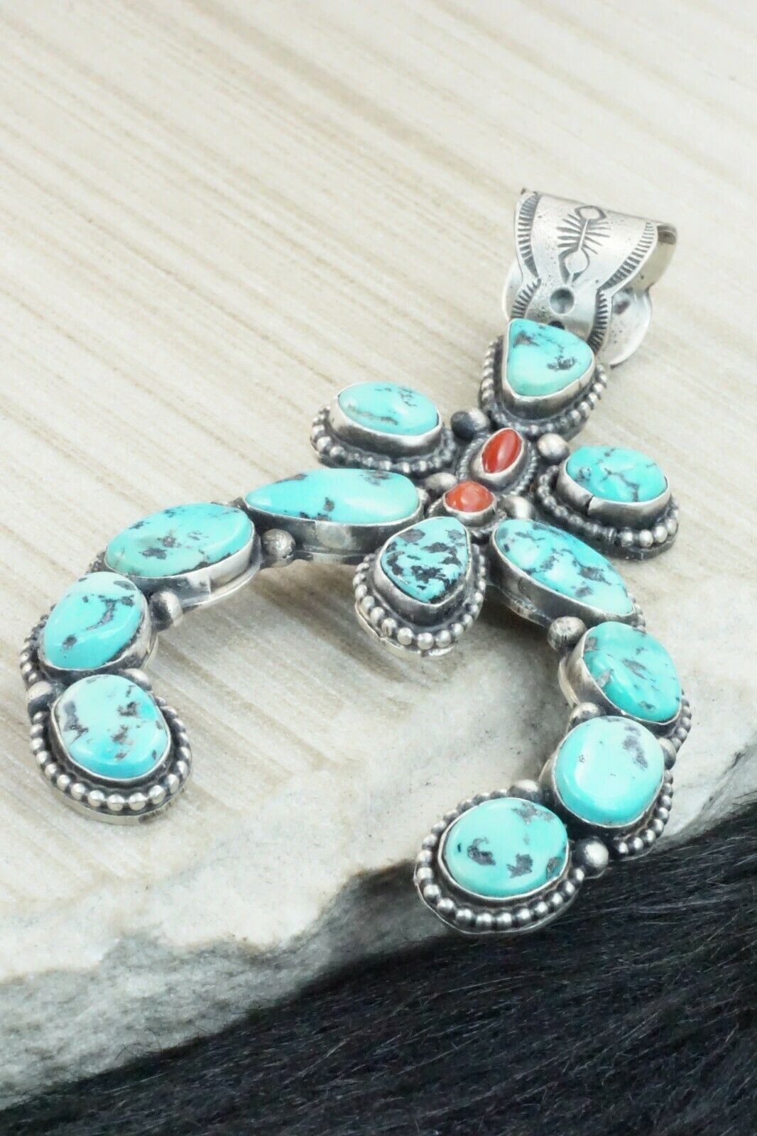 Turquoise, Coral & Sterling Silver Pendant - Shawn Cayatineto