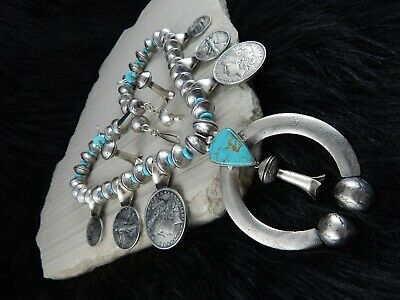 Navajo Sterling Silver & Turquoise Squash Blossom & Earrings - James McCabe - High Lonesome Trading