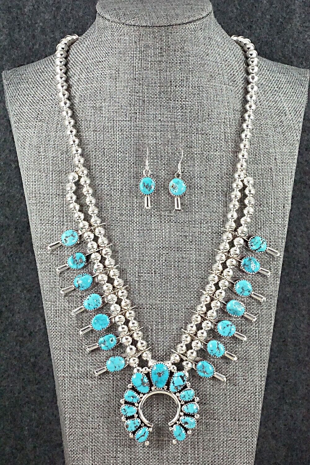 Turquoise & Sterling Silver Squash Blossom and Earrings Set - Calfreda Roanhorse