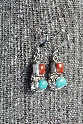 Turquoise, Coral & Sterling Silver Earrings - Verley Betone