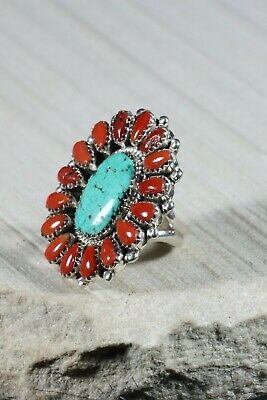 Navajo Turquoise Coral and Sterling Silver Ring Eric and Justina Wilson - Size 7 - High Lonesome Trading