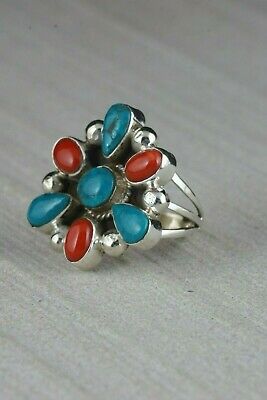 Navajo Turquoise and Coral Cluster Sterling Silver Ring - Roberta Begay - Size 6 - High Lonesome Trading