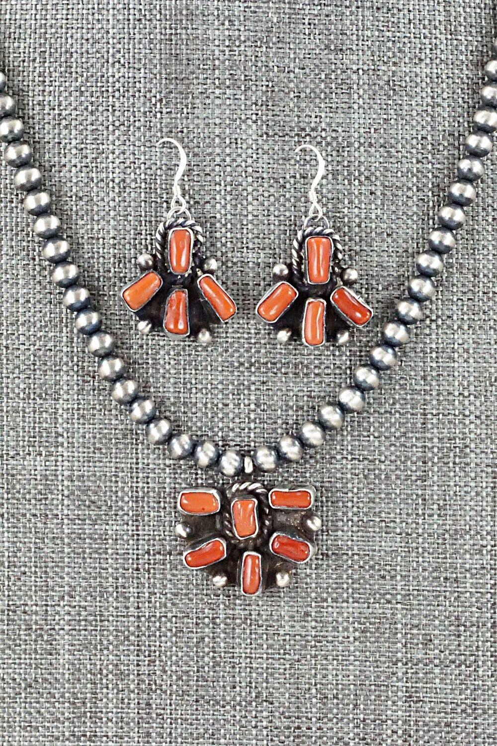 Coral & Sterling Silver Necklace and Earrings Set - Wilson Dawes