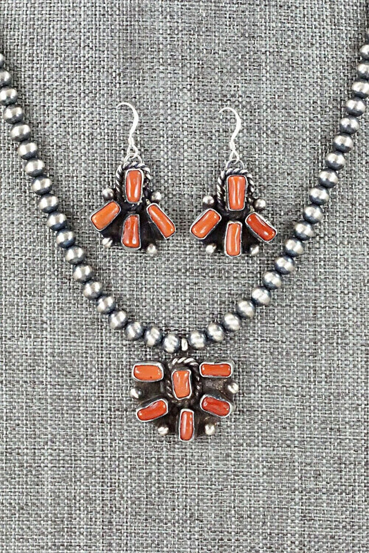 Coral & Sterling Silver Necklace and Earrings Set - Wilson Dawes