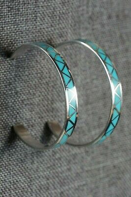 Zuni Turquoise & Sterling Silver Hoop Earrings - Claudine Haloo - High Lonesome Trading