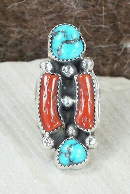 Turquoise & Coral Sterling Silver Ring - Betty House - Size 7.5