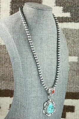 Turquoise, Coral Pendant & Sterling Silver Necklace - Tom Lewis