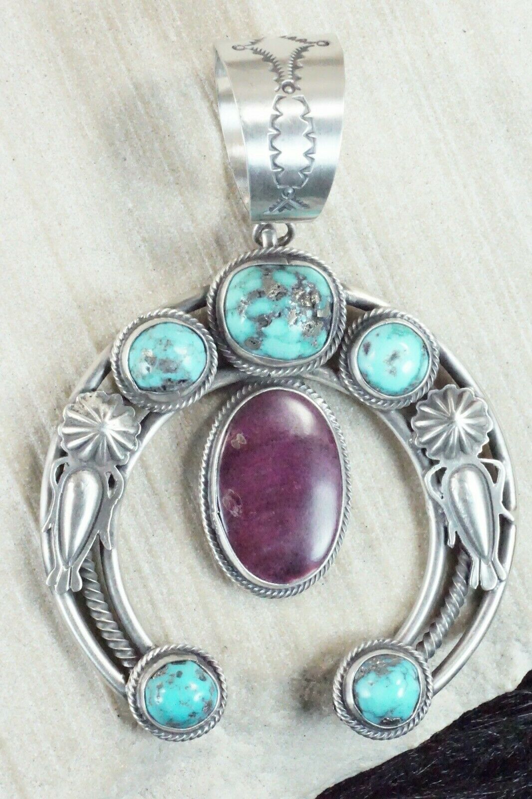 Turquoise, Spiny Oyster & Sterling Silver Naja Pendant - Raymond Delgarito
