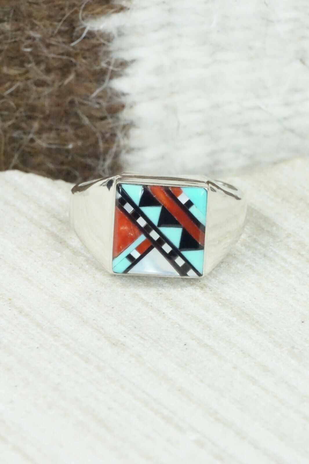 Multi Stone & Sterling Silver Ring - Herbert Kallestewa - Size 9.75