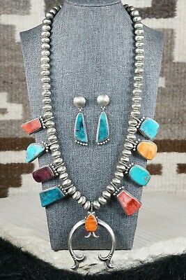 Spiny Oyster & Sterling Silver Squash Blossom and Earrings - Selina Warner