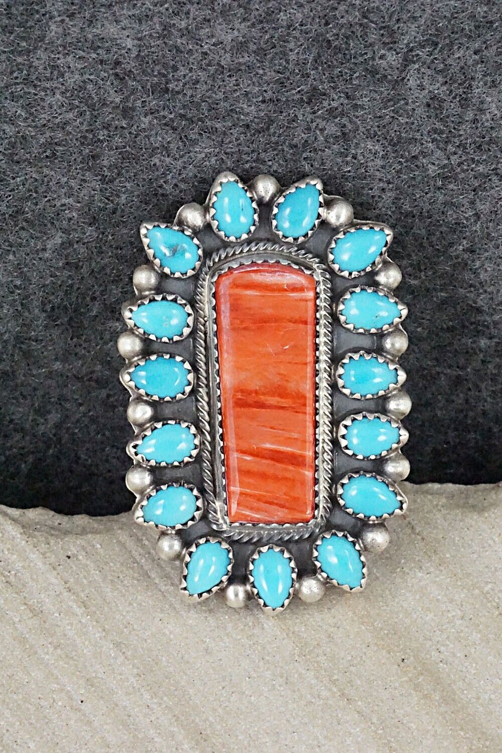 Turquoise, Spiny Oyster & Sterling Silver Ring - Tom Lewis - Size 7.25