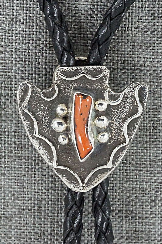 Coral & Sterling Silver Bolo Tie - Delbert Arviso