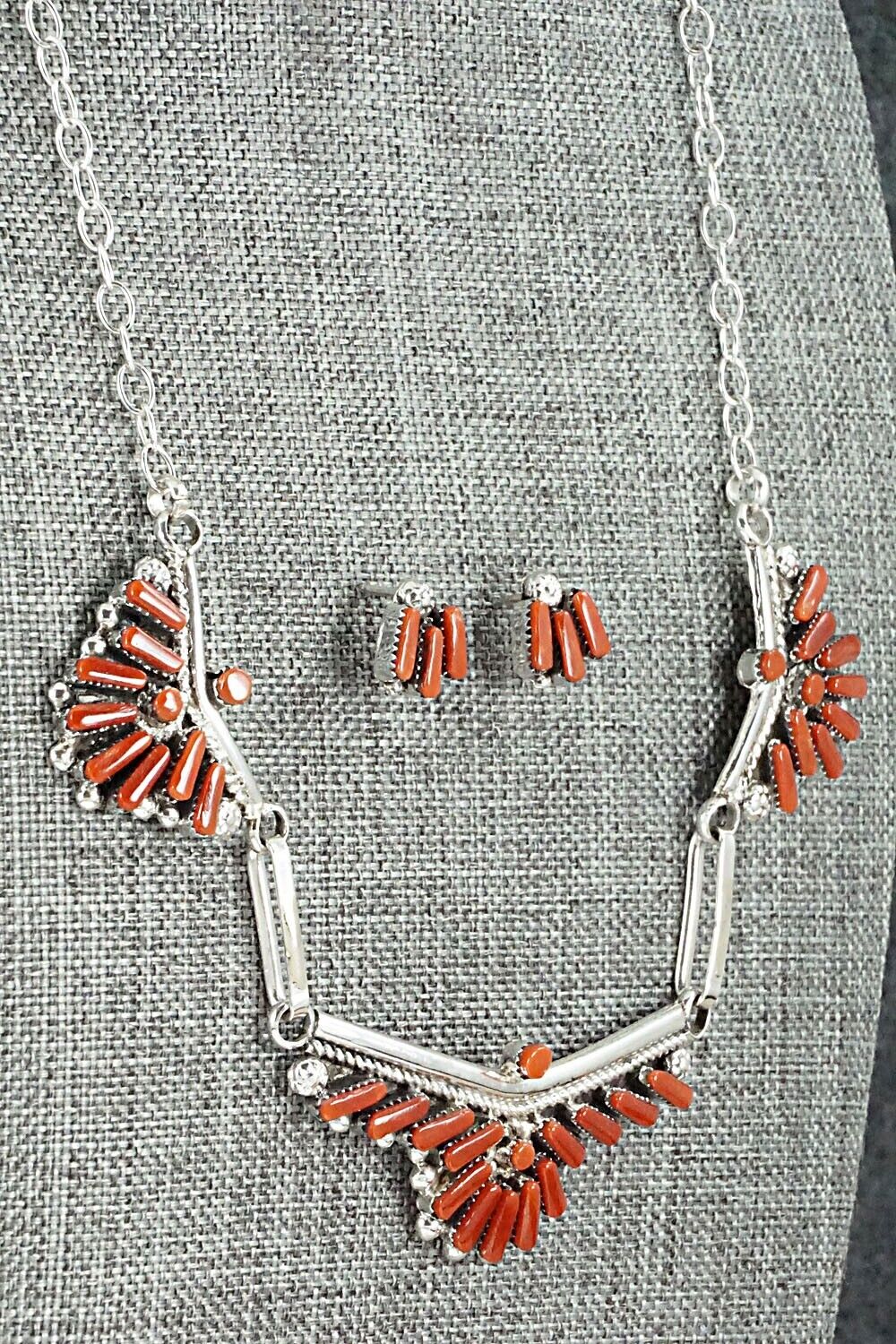 Coral & Sterling Silver Necklace and Earrings Set - Carlene Hattie
