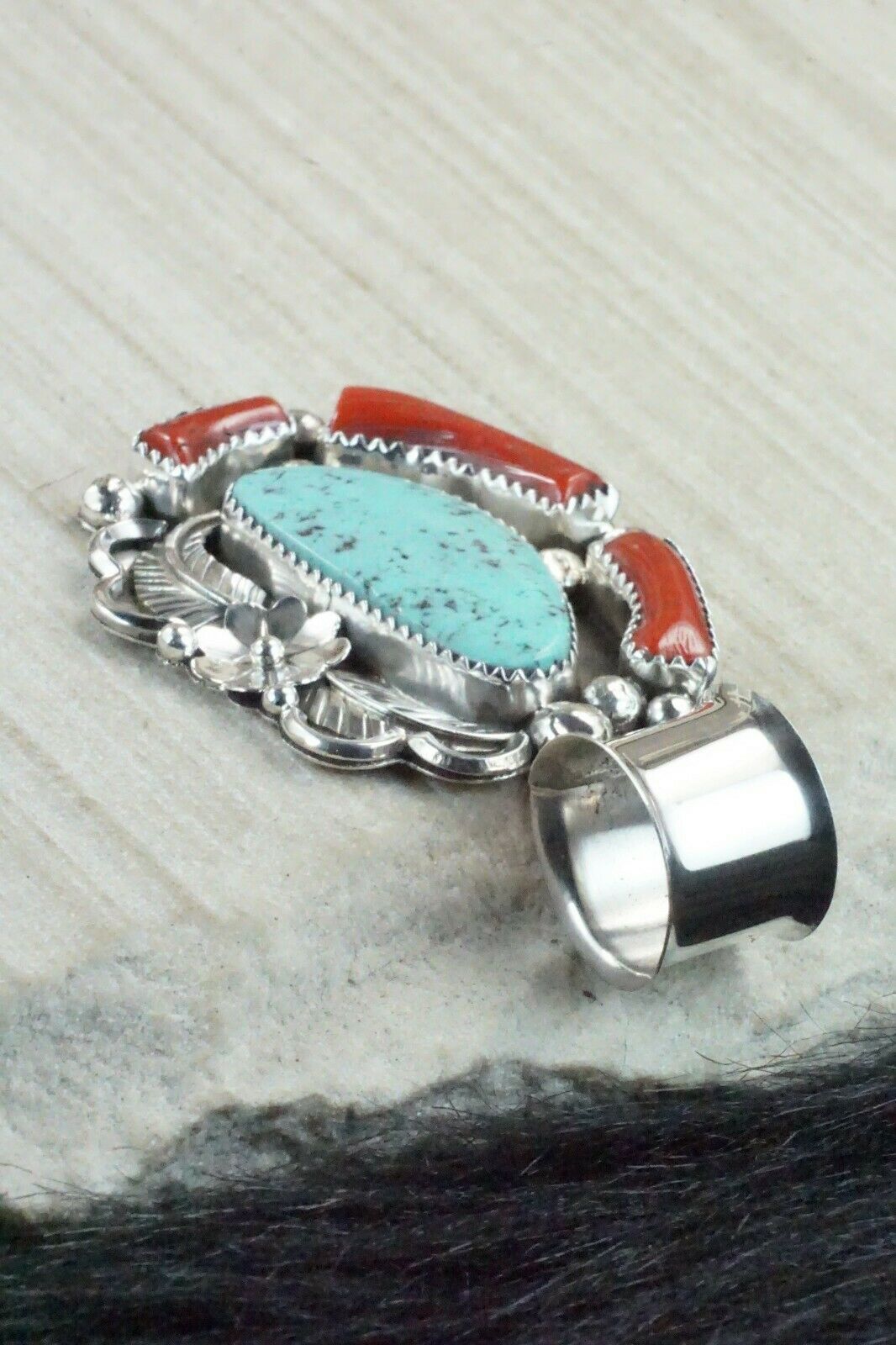 Turquoise, Coral and Sterling Silver Pendant - Shirley Largo