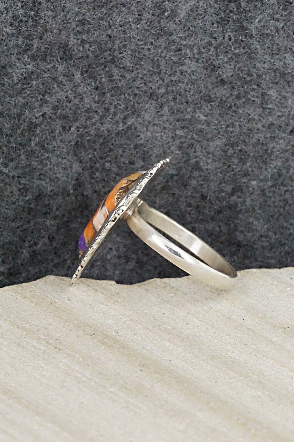 Spiny Oyster, Turquoise & Sterling Silver Inlay Ring - Evelyn Makee - Size 8