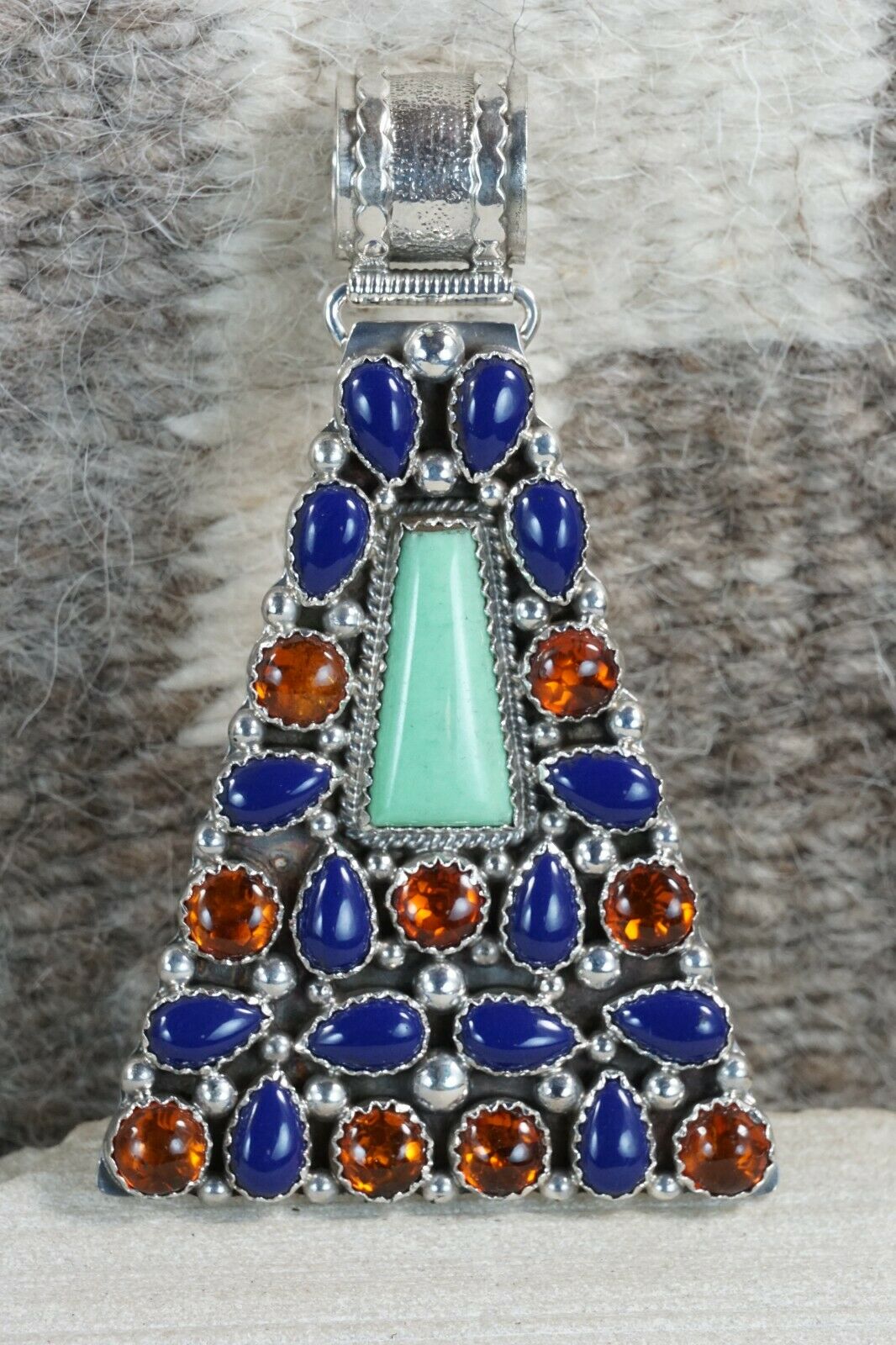 Navajo Lapis, Amber, Gaspeite & Sterling Silver Pendant - Native American
