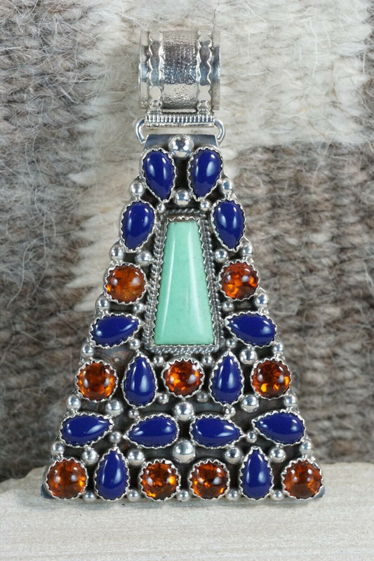 Navajo Lapis, Amber, Gaspeite & Sterling Silver Pendant - Native American