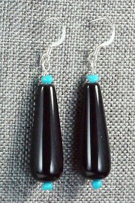 Onyx, Turquoise & Sterling Silver Earrings - Navajo