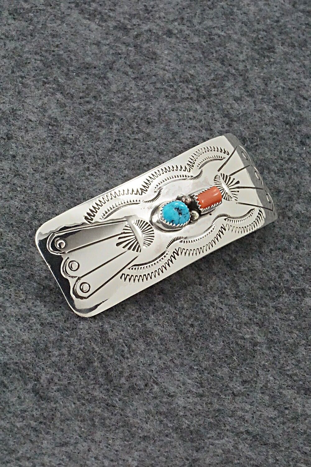 Turquoise, Coral & Sterling Silver Hair Barrette - Joann Silver